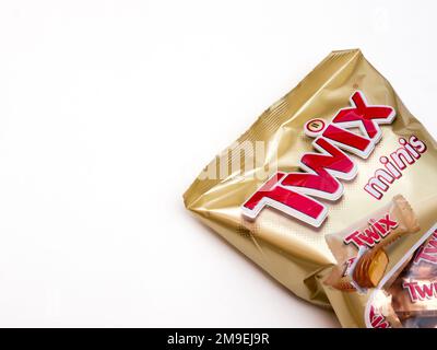 Twix minis cookie bars on white background.Twix is a chocolate bar made by Mars, Inc. Stock Photo