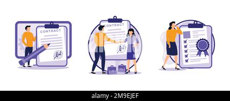 Business agreement. Electronic contract, sales contract terms, standard for quality control, payment terms and conditions. set flat vector modern illl Stock Vector
