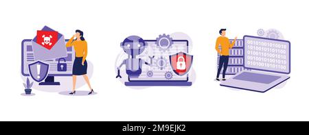 Spyware development. Malware and computer virus, industrial cybersecurity, data mining, antivirus security and protection. set flat vector modern illl Stock Vector