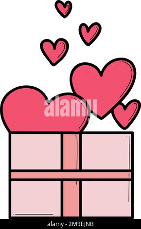 Hand drawn icons gifts with hearts in doodle style. Cartoon present box set with bows. Gift package with love for Valentines day, birthday, wedding, anniversary. Stock Vector