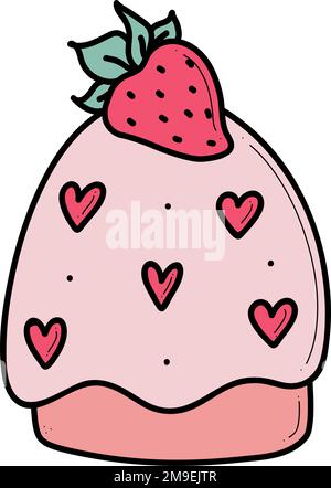Doodle sweet strawberry cupcake with hearts vector illustration. Cute romantic Valentines day hand drawn cake isolated on white. Stock Vector