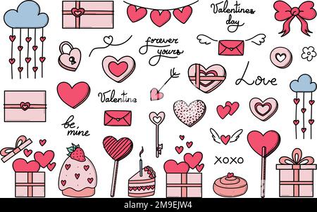 Valentines day vector hand drawn set of doodles. Cute romantic love icons for anniversary, wedding. Lettering text, sweets, presents and gifts collection Stock Vector