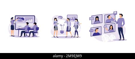 Team communication. Meeting and brainstorm, online meetup, corporate presentation, creative ideas and solutions, teamwork. set flat vector modern illu Stock Vector