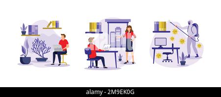 Working conditions. Biophilic design in workspace, on-demand urban workplace, office disinfection service, employee safety. set flat vector modern ill Stock Vector