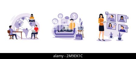 Distance working. Outsourcing, work home office, online conference, freelance job, team digital meeting, IT business. set flat vector modern illustrat Stock Vector