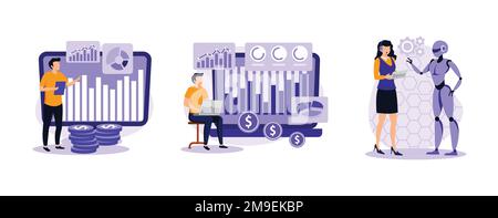 Big data. Analytics and data science, financial data management, artificial intelligence, risk management, machine learning. set flat vector modern il Stock Vector
