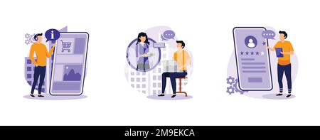 Customer help. Digital guide, useful tips and testimonials, interactive tour, user manual, video tutorial, client feedback. set flat vector modern ill Stock Vector