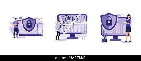 Information control and security. General data protection regulation, computer forensics, cyber security risk management. set flat vector modern illus Stock Vector