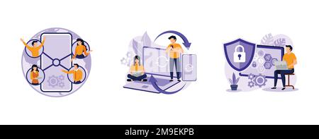 Networking app software. Mobile collaboration, cross-device syncing, privacy engineering, mobile and desktop versions. set flat vector modern illustra Stock Vector