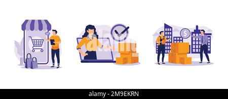 Purchase process. Order processed, complete, cash on delivery, online store, e-commerce website, shipping details. set flat vector modern illustration Stock Vector