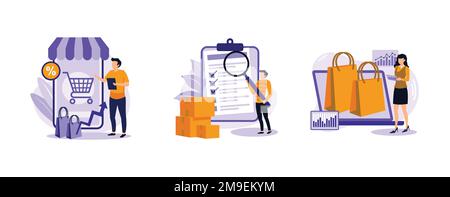 Customer satisfaction. Consumer society, product quality, market research studies, retail app, customer habit and need research. set flat vector moder Stock Vector