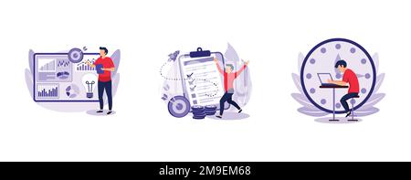 Project lifecycle. Project initiation and closure, deadline, documentation, business analysis, stakeholder approval, work time. set flat vector modern Stock Vector