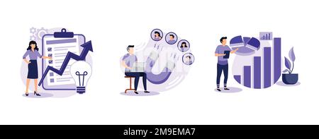 Marketing plan and business strategy. Sales plan for business, find leads, product strategy, budget growth, brand awareness. set flat vector modern il Stock Vector