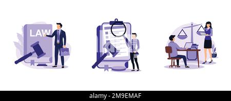 Law firm. Litigation support, legal research, paralegal services, forensic accounting, consulting, data collection. set flat vector modern illustratio Stock Vector