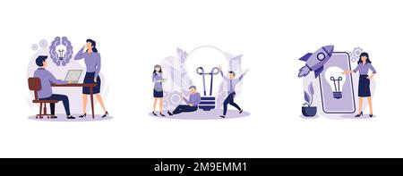 Creative thinking. Team brainstorming, idea management, project management, startup collaboration, find solution. set flat vector modern illustration Stock Vector