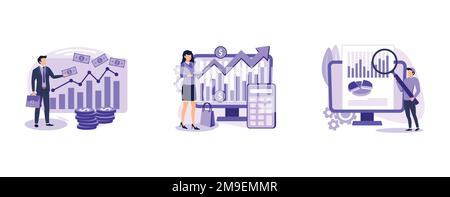 Marketing accounting. Marketing investment, demand planning, digital auditing, business plan, finance management, digital sales. set flat vector moder Stock Vector