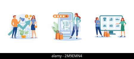 Marketing and sales. Upselling and clienting, webrooming and digital goods research, customer motivation, client loyalty. set flat vector modern illus Stock Vector