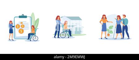 Volunteer help. Social assistance, care of the disabled, social work, home nursing, caregiver support, disability care, low income. set flat vector mo Stock Vector