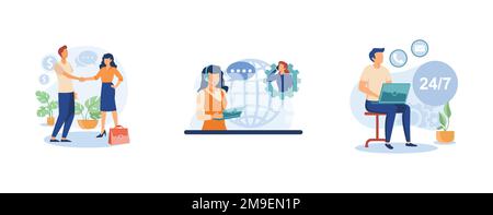 Customer loyalty. Relationship marketing, customer care, 24 for 7 service, social media, online tech support. set flat vector modern illustration Stock Vector