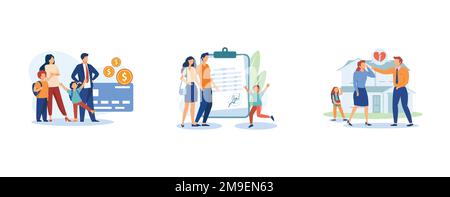 Family law.Dependant family member, adoption of a child, custody and alimony, parents divorce, samesex couple, elderly support. set flat vector modern Stock Vector