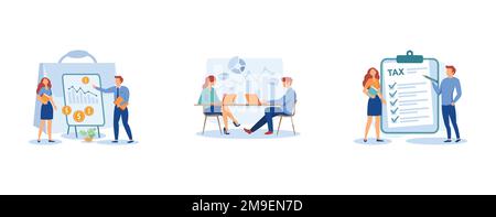 Financial information. Accounting, consulting, tax form, tax filing, audit service, online application software. set flat vector modern illustration Stock Vector