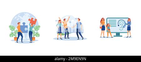 Social engagement. Social participation, sign language conversation, assistive hearing device, hand alphabet, deaf people. set flat vector modern illu Stock Vector