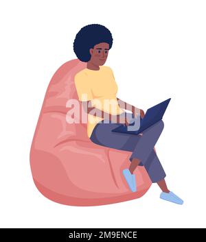 Woman with laptop sitting on bean bag comfortably semi flat color vector character Stock Vector