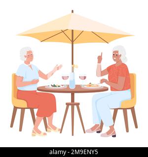Happy senior female friends having fancy dinner semi flat color vector characters Stock Vector