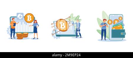 Digital money. Cryptocurrency market, digital currency, electronic wallet, e-money transfer, payment technology, banking tool. set flat vector modern Stock Vector