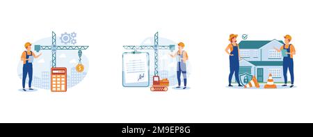 Construction business. . Construction costs, building permit and safety, protection helmet, contractor engineering, design project. set flat vector mo Stock Vector