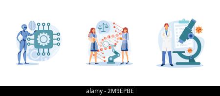 Biological science. Cybernetics and bioethics, microbiological technology, robotic industry, medical ethics and biotech research. set flat vector mode Stock Vector