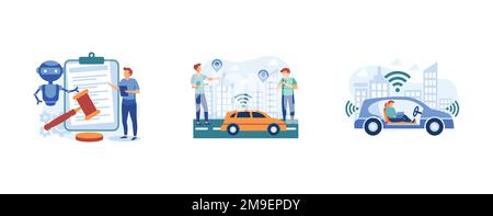 Driverless transport legislation. Artificial intelligence regulations, autonomous taxi driving, AI development. set flat vector modern illustration Stock Vector