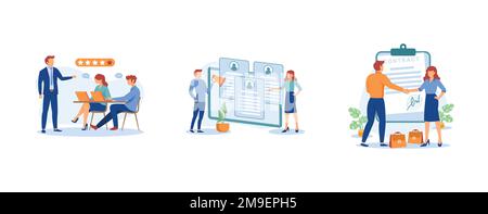 Head hunting. Recruitment agency, hiring employee, employment agreement, job listing, resume, vacant job position, contract form. set flat vector mode Stock Vector