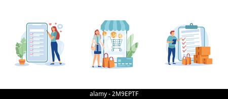 Online shopping. Wishlist, buy, my orders list, add to shopping cart, product in stock, retail store, e-commerce website. set flat vector modern illus Stock Vector