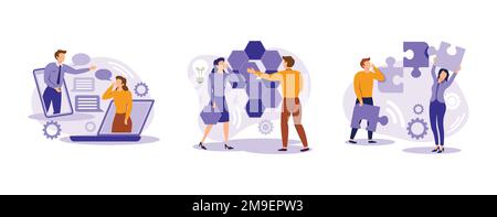 Business support. Unified communication, design structure matrix, mutual assistance, project management, team work. set flat vector modern illustratio Stock Vector