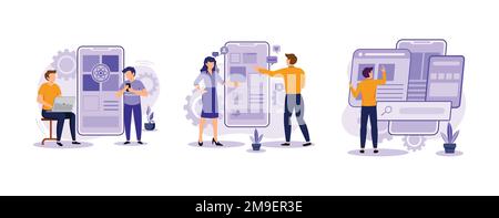 Mobile app development process. React native mobile app, experience design, usability testing, user interface. set flat vector modern illustration Stock Vector