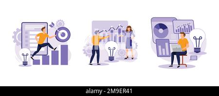 Strategic business planning. Business mission, vision statement, competitive intelligence, goals and philosophy, brand success. set flat vector modern Stock Vector