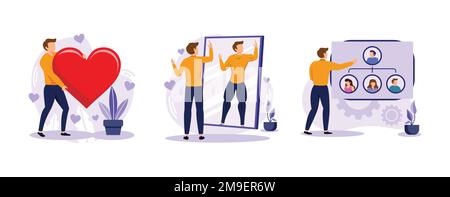 Personality trait abstract. Self-concept, self-esteem and organization, confidence, personal value, organize daily life. set flat vector modern illust Stock Vector