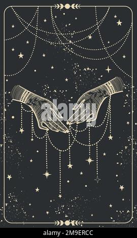 Mystical astrology tarot card, two female hands with jewelry, threads of fate, fortune telling, boho stories template. Graceful vector illustration fo Stock Vector