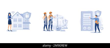 Security solutions. Security systems design, construction site protection, access control system, commercial building. set flat vector modern illustra Stock Vector