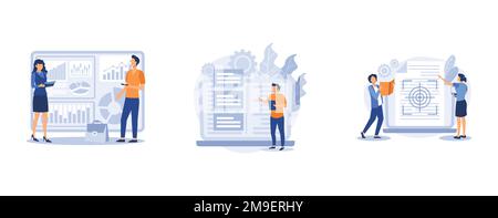 Project development specifications. Business analysis, software requirement description, vision and scope document, SWOT analysis. set flat vector mod Stock Vector