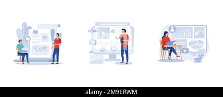 SMM strategy. Content marketing, social network monitoring, social media dashboard, digital marketing, user engagement. set flat vector modern illustr Stock Vector