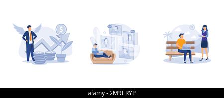 Business startup and communication. Angel investor, online meetup, startup hub, financial support, online crowdfunding. set flat vector modern illustr Stock Vector