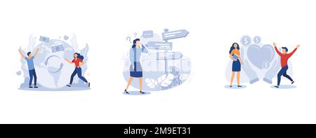 Decision making. Social responsibility, choice, philanthropy, social value, private initiative, problem solving, donation fund. set flat vector modern Stock Vector