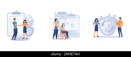 Risk insurance. Insurance broker, social and peer-to-peer paid benefit, emergency risk, unemployment and income loss. set flat vector modern illustrat Stock Vector