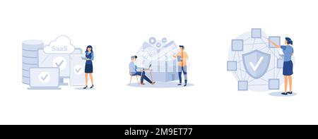 Application service. SaaS technology, packaged software, decentralized application, cloud computing, software licensing. set flat vector modern illust Stock Vector