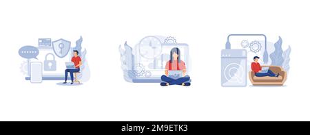 Data protection and recovery. Cyber security software, automatic backup, external hard drive, mobile phone synchronization. set flat vector modern ill Stock Vector