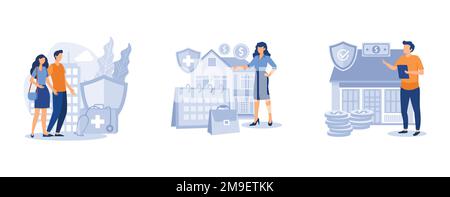 Governmental help. Emergency support fund, paid leave for quarantined workers, mortgage relief program, financial support. set flat vector modern illu Stock Vector