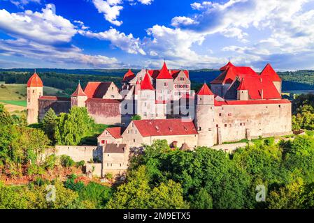 Harburg, Germany. Beautiful rural landscape with Harburg Castle, Romantischen Strasse famous touristic route on historical Swabia, Bavaria. Stock Photo