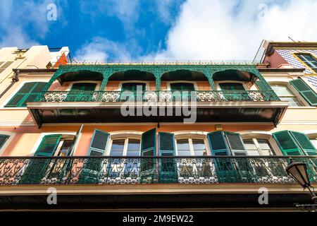 Colonial style house with wrought iron balconies on Main Street, Gibraltar Stock Photo